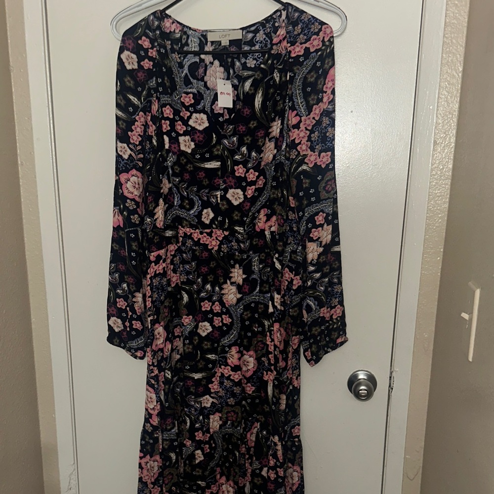 LOFT Black Floral Tie-Waist Maxi Dress with Pink and Cream Flowers